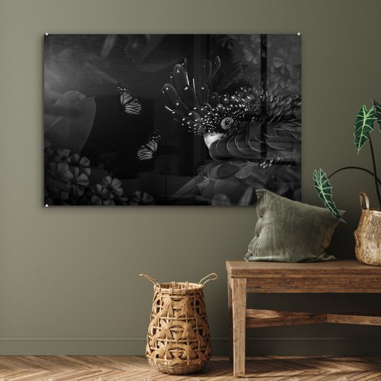 Glasschilderij - Jungle - Vogel - Vlinder - Bloemen - 90x60 cm - Acrylglas Schilderijen - Foto op Glas - Slaapkamer decoratie