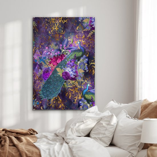 Peinture sur Verre - Motifs - Paon - Violet - Or - 60x90 cm - Peintures Plexiglas