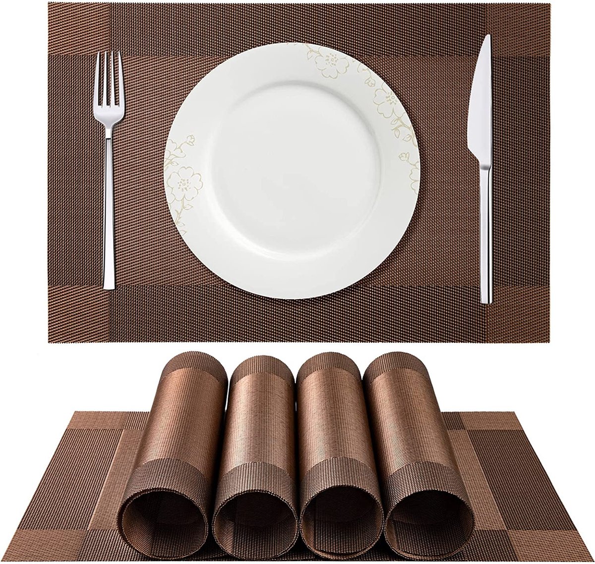 Placemat set, antislip, afwasbaar pvc en hittebestendig, placemats voor thuis of restaurant, voor de eettafel (bruin/zilver)
