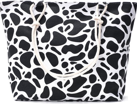 Sac de plage avec fermeture éclair - Sac de plage - Shopper - Imprimé vache - vache - noir - blanc - 50 x 36 x 12 cm