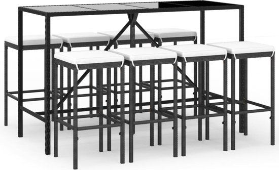 vidaXL Ensemble de bar de jardin de jardin 9 pièces avec coussins - Zwart Ensemble de bar de jardin - Chaises de bar - Table d'extérieur - Set de salon - Mobilier Plein air - Set de patio - Chaise en plastique - Chaise en aluminium - Chaise en osier