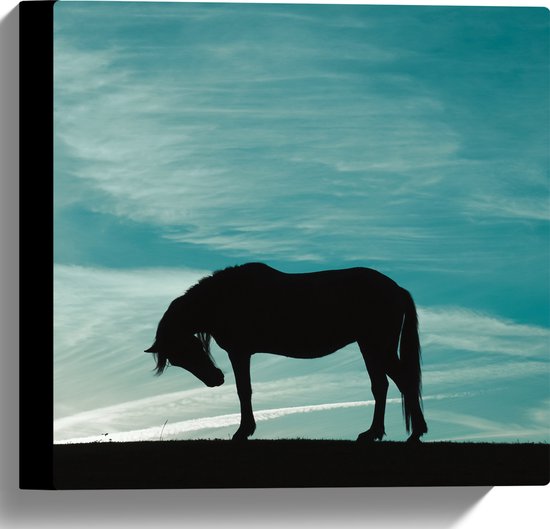 Canvas - Silhouet van Buigend Paard onder Stralend Blauwe Lucht - 30x30 cm Foto op Canvas Schilderij (Wanddecoratie op Canvas)