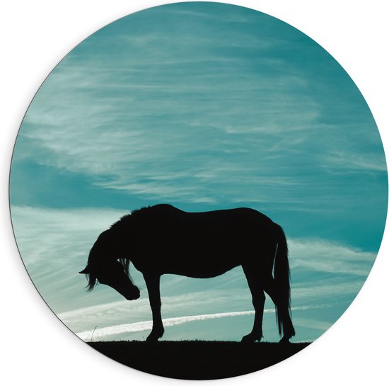 Dibond Muurcirkel - Silhouet van Buigend Paard onder Stralend Blauwe Lucht - 90x90 cm Foto op Aluminium Muurcirkel (met ophangsysteem)