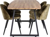 IncaNABL eethoek eetkamertafel uitschuifbare tafel lengte cm 160 / 200 el hout decor en 4 Velvet eetkamerstal velours groente, zwart.