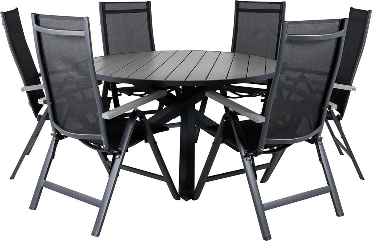 Parma tuinmeubelset tafel Ø140cm en 6 stoel Albany zwart, grijs.