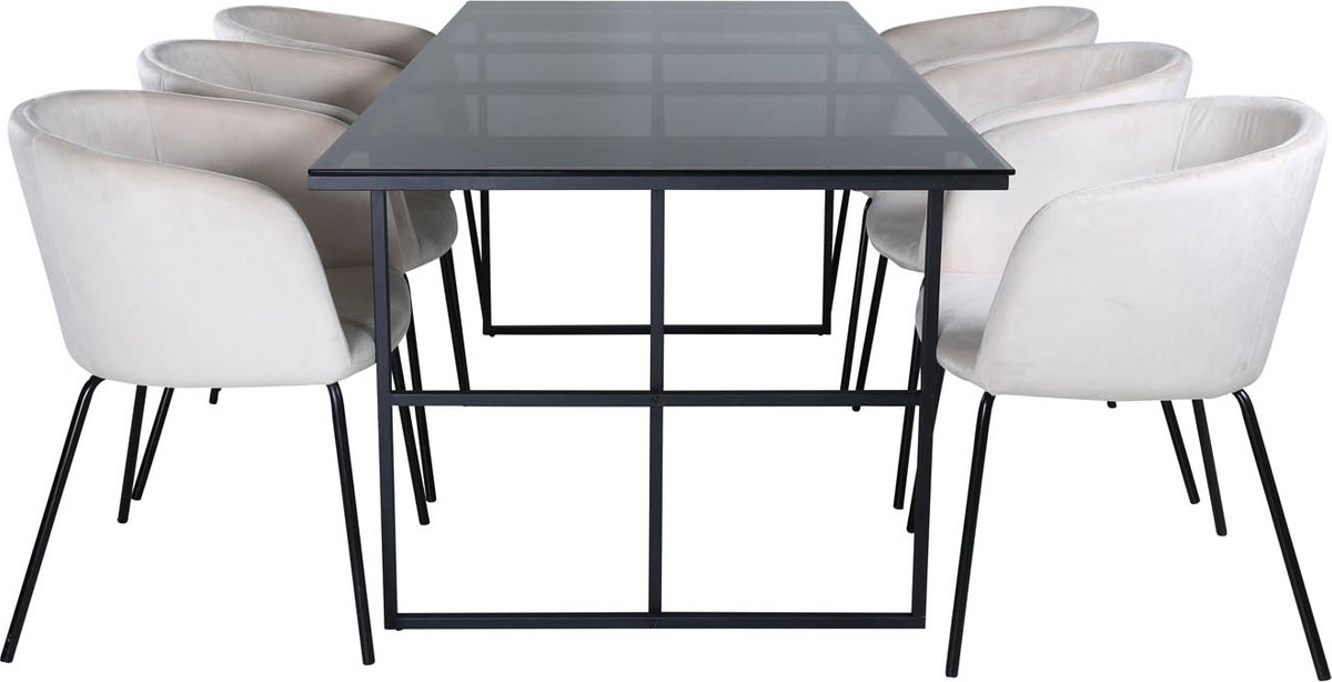 Leif eethoek eetkamertafel rokerig glas en 6 Berit eetkamerstal velours beige.