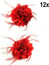 12x Bloem sur broche avec plumes rouge - Broche de party à thème mariage