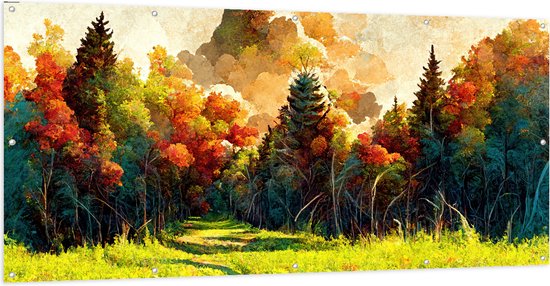 Tuinposter – Schilderij van Bospad tussen Herfstkleurige Bomen - 200x100 cm Foto op Tuinposter (wanddecoratie voor buiten en binnen)