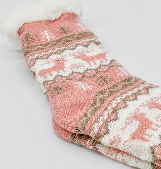 Merino Wollen sokken - Licht Roze met Dennenboom - maat 39/42 - Huissokken - Antislip sokken - Warme sokken – Winter sokken