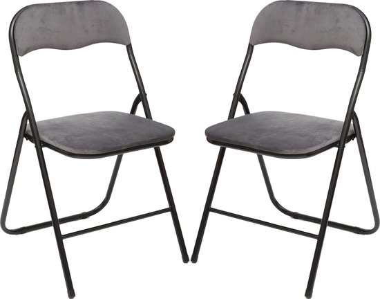 5Five Klapstoel met fluweel zitting - 2x stuks - grijs - metaal - inklapbaar