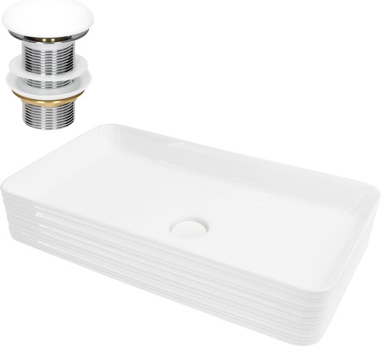 Lavabo blanc en céramique à bord nervuré avec bonde blanche.