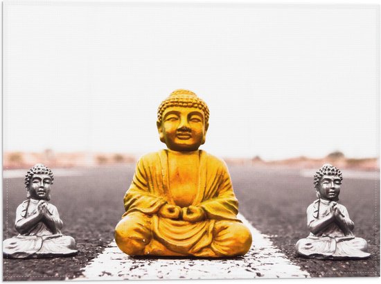 Vlag - Gouden en Zilveren Miniatuur Buddha_s op Asfalt weg - 40x30 cm Foto op Polyester Vlag