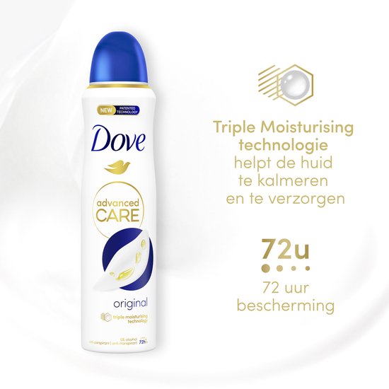 Dove Original Advanced Care deodorant met witte bus, blauwe dop, gouden logo en tekst over 72u bescherming.