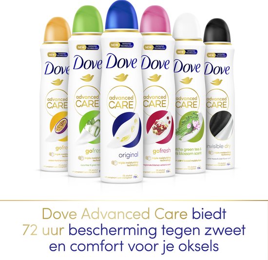 Zes Dove Advanced Care deodorants in verschillende kleuren bussen en doppen, met tekst over 72u bescherming.