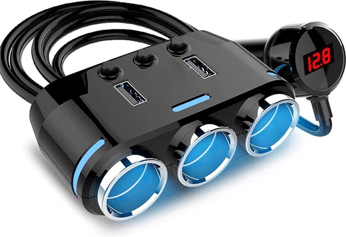 Goedkoopste Auto Sigarettenaansteker Splitter met LED verlichting 12V/24V - 3x Sigaretten ingang - 2x USB - Met Voltmeter
