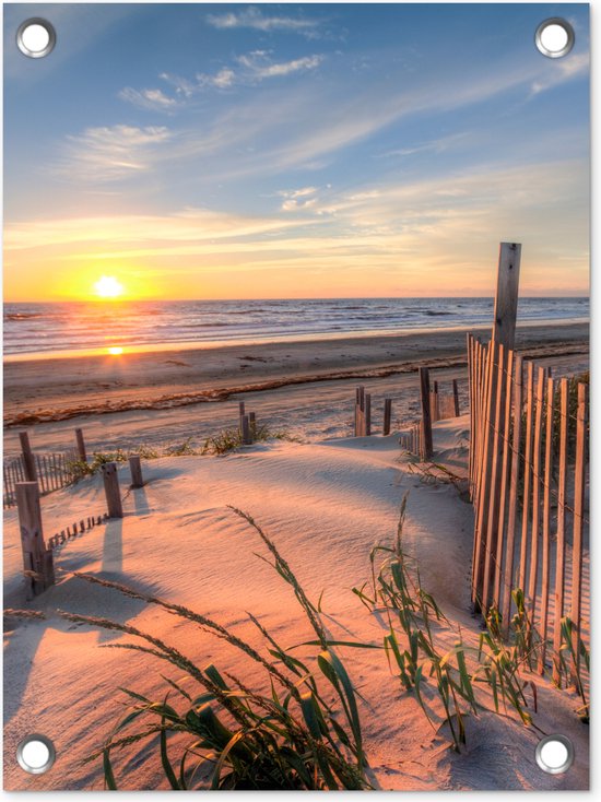 Tuinposter strand - Duin - Zonsondergang - Zee - Natuur - Landschap - Tuindoek - 30x40 cm - Tuindecoratie - Schuttingdoek - Schutting decoratie - Tuin - Tuinschilderij voor buiten - Buitenposter