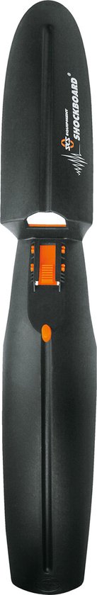 Zwart SKS Shockboard voorspatbord, op de voorvork gemonteerd, met oranje accenten.