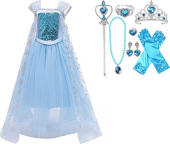 Prinsessenjurk Meisje - Verkleedjurk - maat 92/98 (100) - Tiara - Kroon - Toverstaf - Lange Handschoenen - Juwelen - Verkleedkleren Meisje - Prinsessen Verkleedkleding - Carnavalskleding Kinderen - Blauw - Cadeau Meisje