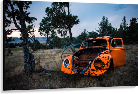 Canvas - Kapotte Oranje Auto in landschap - 150x100 cm Foto op Canvas Schilderij (Wanddecoratie op Canvas)