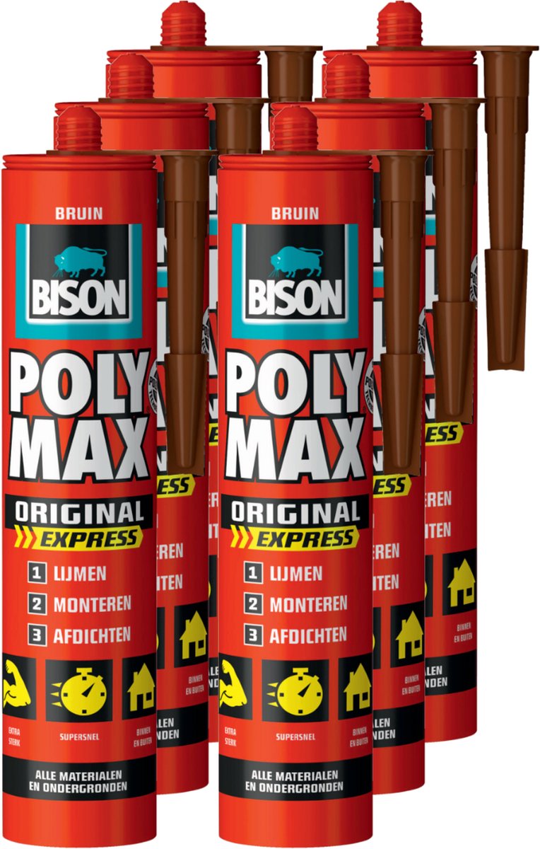 Bison poly max express - montagelijm - extra sterk - bruin - 6 x 425 gram
