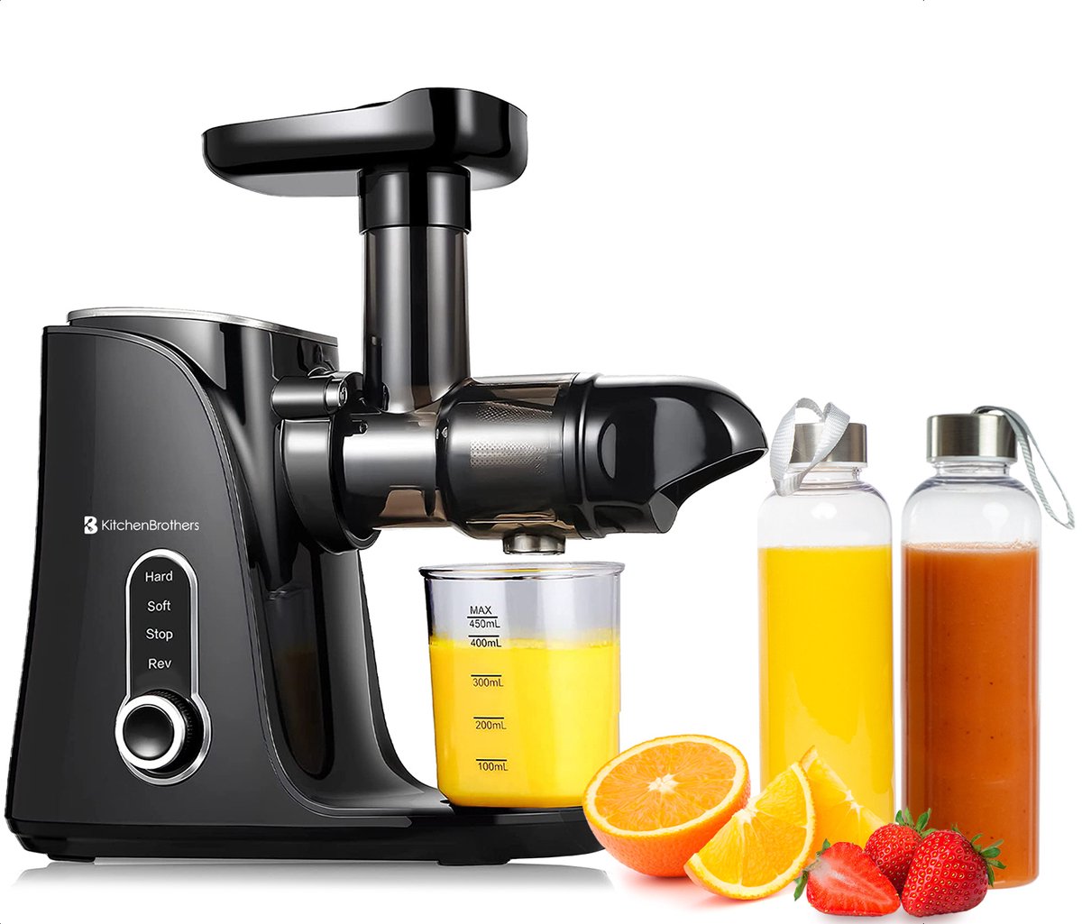 Extracteur de Jus de Fruits et Légumes, Extracteur Jus avec Bouton Marche  Arrière, 2 Vitesses au Choix, 150W, Slow Juicer Presse à Froid Machine,  avec Tasse à Jus et Brosse de Nettoyage