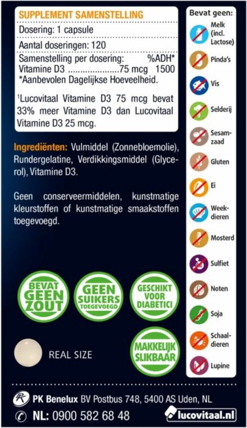Achterkant van de verpakking met supplement samenstelling, ingrediënten en allergenen. "REAL SIZE" capsule.