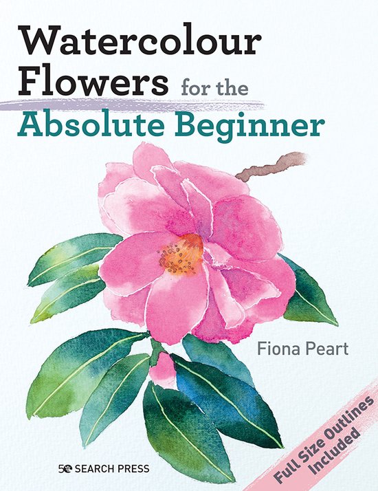 Boek 'Watercolour Flowers for the Absolute Beginner' met een aquarel van een roze bloem en groene bladeren.