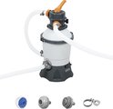 Zandfilterpomp met grijze en witte behuizing, oranje hendel. Links onderaan: spuitmond, zeef, klem.
