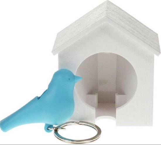 Vogelhuisje sleutelhanger - Wit huisje met blauwe vogel