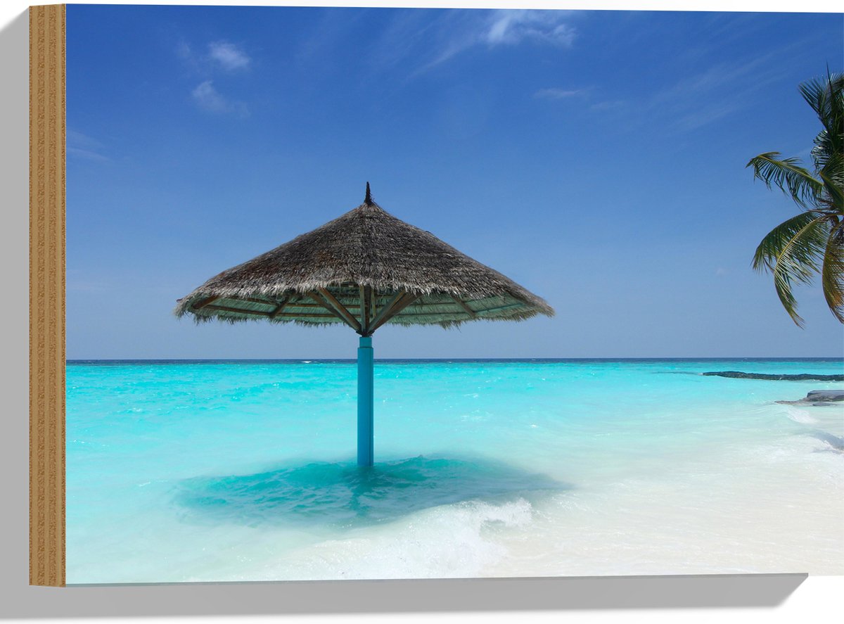 Hout - Rieten Parasol op het Strand bij het Blauwe Water - 40x30 cm - 9 mm dik - Foto op H
