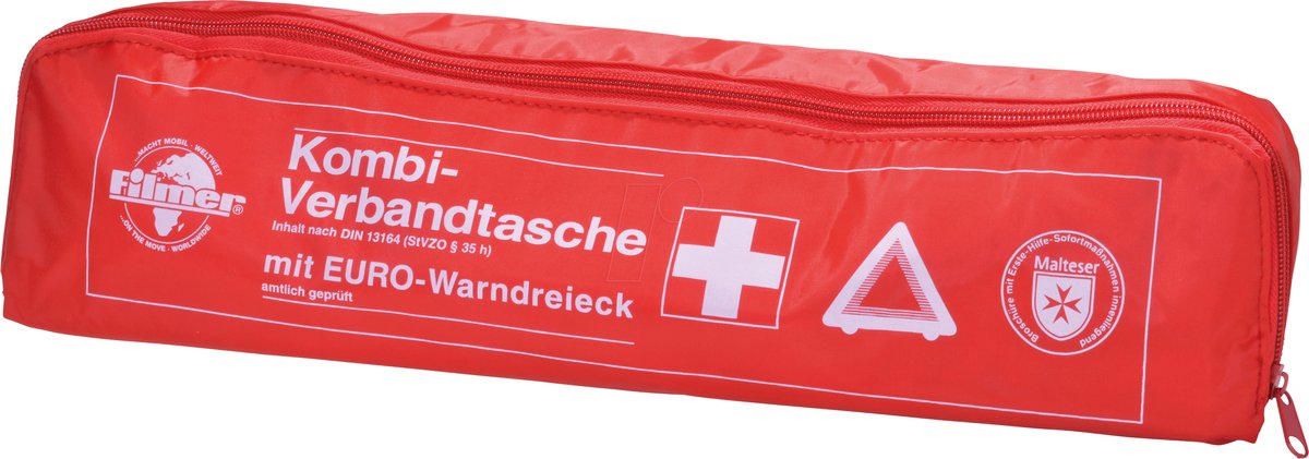 Kit Secours Voiture RAU - Sac Premier Secours DIN13164 + Triangle + Gilet Sécurité - Rouge