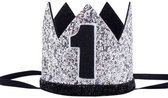 1e verjaardag cakesmash glitter hoedje zilver met zwart - cakesmash - eerste - 1 - verjaardag - hoed