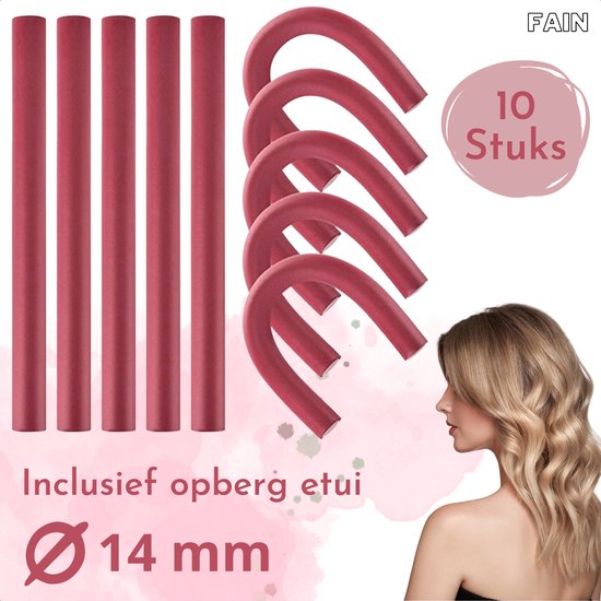 Fain Papillotten Haarkrullers – Ø 14 mm - 10 Stuks – Roze – Incl. Opbergetui - Krullen Zonder Hitte – Krulspelden Rollers – Papillotten krulset – Heatless Curls – Krulspelden – Haarrollers – Krullers – Wave Formers – Haar Styling