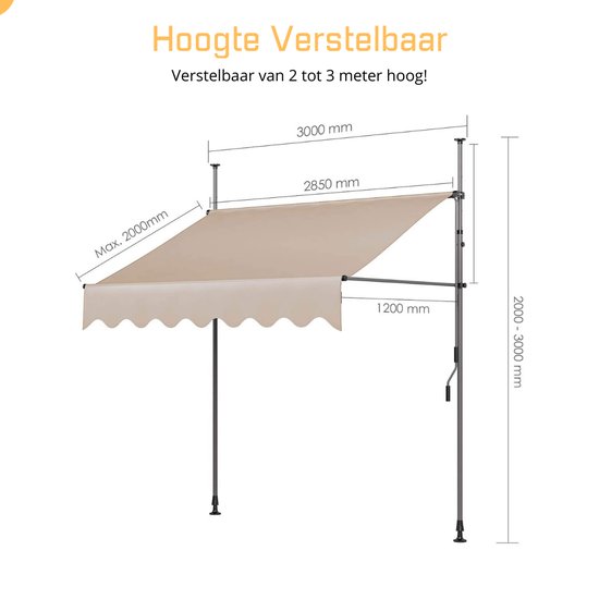 tectake® Klemluifel met Handslinger | Balkonluifel Zonder Boren | In Hoogte Verstelbaar, UV-bestendig, Waterafstotend | Terrasoverkapping, Zonwerend voor Terras & Balkon | Breedte 250 cm - Beige