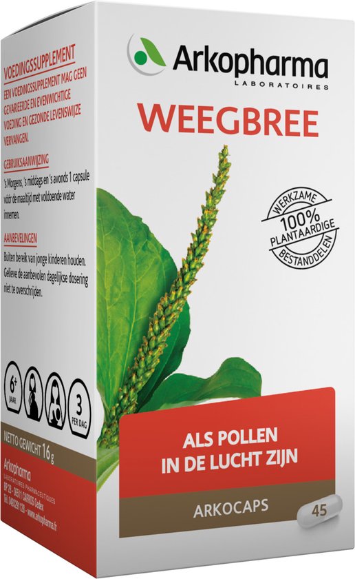 Doosje Arkocaps Weegbree, met de tekst 'Als pollen in de lucht zijn', afbeelding van weegbree en informatie in het Nederlands.
