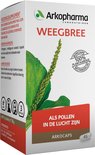 Doosje Arkocaps Weegbree, met de tekst 'Als pollen in de lucht zijn', afbeelding van weegbree en informatie in het Nederlands.