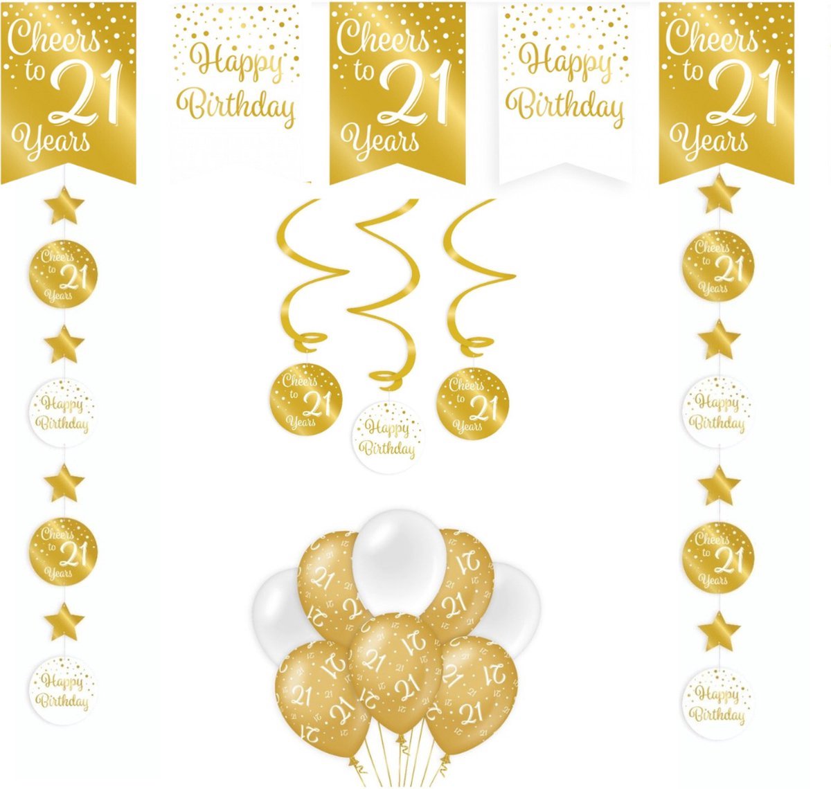 Feestpakket Verjaardag Versiering 21 Jaar - Goud - Wit - Versiering - Decoratie - Pakket - Leeftijden - Slinger - Ballonnen - Hangdecoratie - Swirls - Thema Versiering - 21e Verjaardag Decoratie