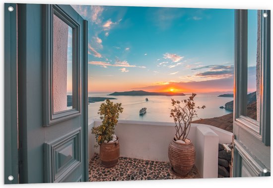Tuinposter – Uitzicht op Zonsondergang in de Oceaan vanaf Grieks Balkon - 120x80 cm Foto op Tuinposter (wanddecoratie voor buiten en binnen)