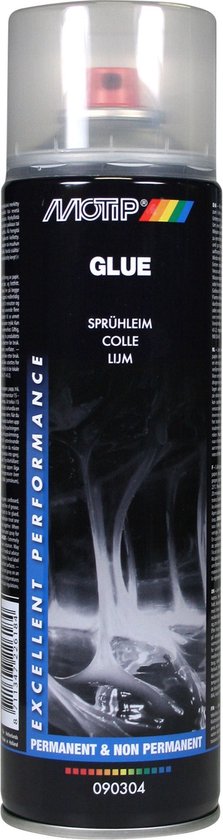 Motip spuitbus met GLUE, SPRÜHLEIM, COLLE, LIJM. Zwart met witte rook-achtige graphics. PERMANENT & NON PERMANENT.