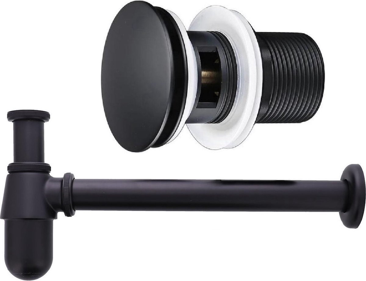 EDMONDO Sifon met design Afvoerplug (75 mm) met overloop - Zwart - Pop up Plug - Clickwaste - Ø 63 mm - Mix & Match - Grote schroef - Afsluitbaar - 1¼ inch - Pop up Plug voor Wastafel met Afvoer