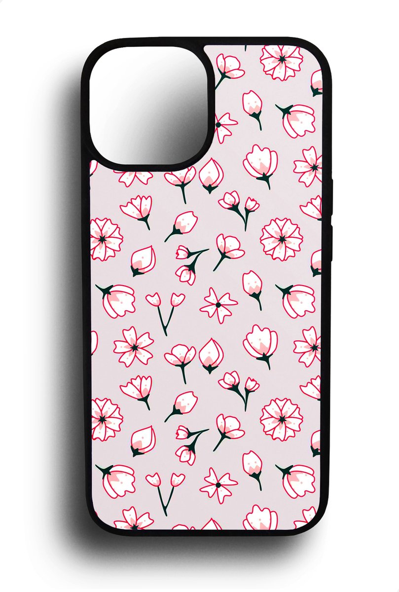 Ako Design Apple iPhone 14 hoesje - Bloemen patroon - roze - Hoogglans - TPU Rubber telefoonhoesje - hard backcover