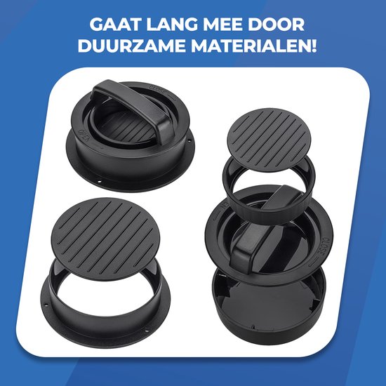 Vier afbeeldingen van de zwarte hamburgerpers, waarvan één volledig geopend en één in gebruik.