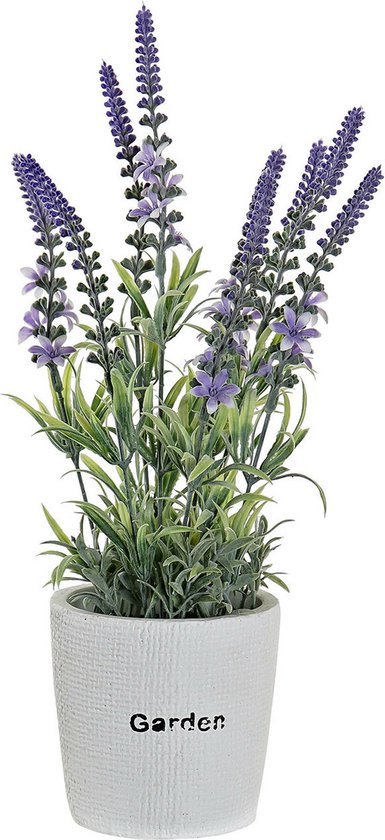 Items Lavendel bloemen kunstplant in bloempot - paarse bloemen - 10 x 36 cm - bloemstuk