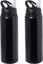 Waterfles/sportfles/drinkfles Sporty - 2x - zwart - aluminium/kunststof - 800 ml