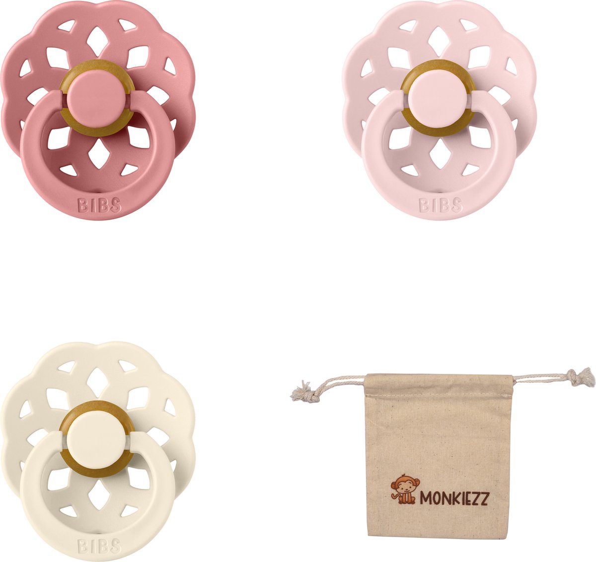 Goedkoopste Bibs boheme fopspenen - Maat 2 6-18 maanden -Ivory, Blossom, Dusty Pink Monkiezz speenzakje