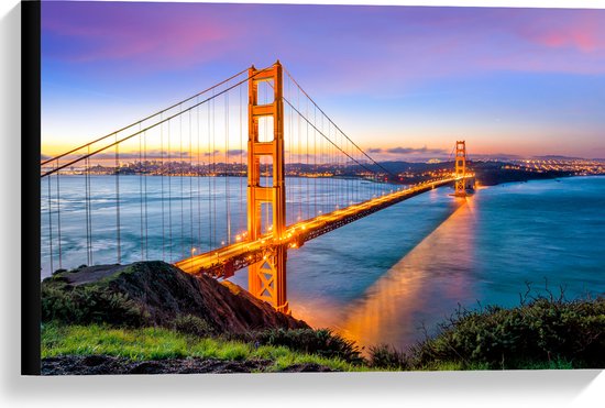 Canvas - Verlichte Golden Gate Bridge in de Avond in San Francisco - 60x40 cm Foto op Canvas Schilderij (Wanddecoratie op Canvas)