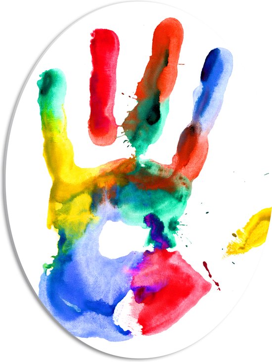 PVC Schuimplaat Ovaal - Kleurrijke Handafdruk tegen Witte Achtergrond - 42x56 cm Foto op Ovaal (Met Ophangsysteem)