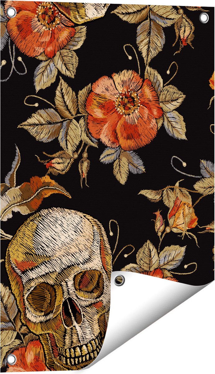 Gards Tuinposter Doodshoofden met Bloemen - Schedels - 40x60 cm - Tuindoek - Tuindecoratie - Wanddecoratie buiten - Tuinschilderij Multikleur