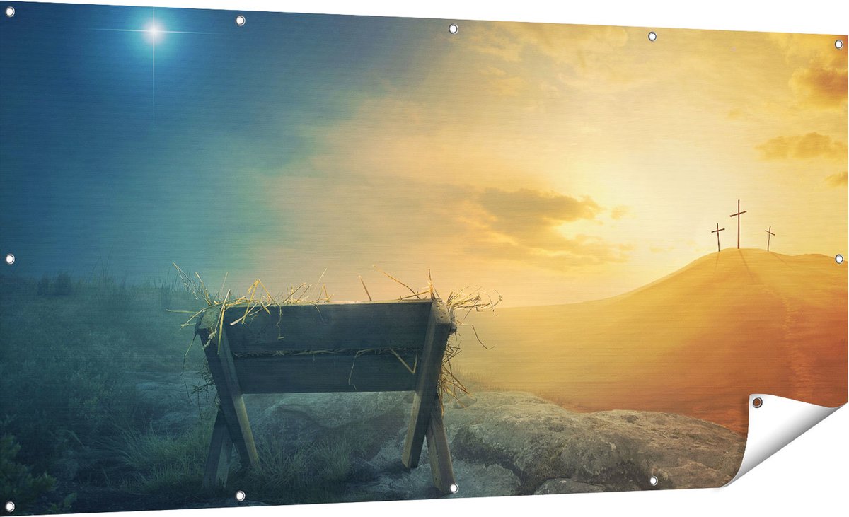 Gards Tuinposter Kribbe en Drie Kruisen - 180x90 cm - Tuindoek - Tuindecoratie - Wanddecoratie buiten - Tuinschilderij Multikleur