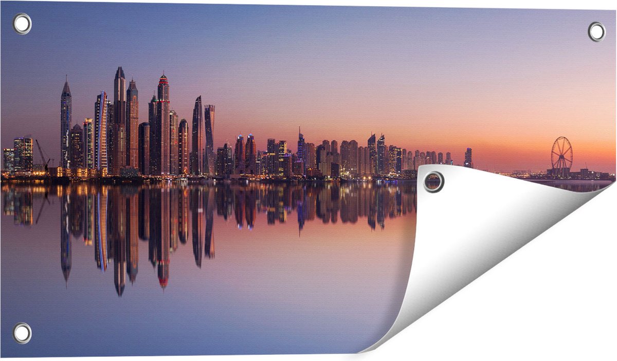 Gards Tuinposter Skyline Dubai Stad bij Zonsondergang - 60x30 cm - Tuindoek - Tuindecoratie - Wanddecoratie buiten - Tuinschilderij Multikleur